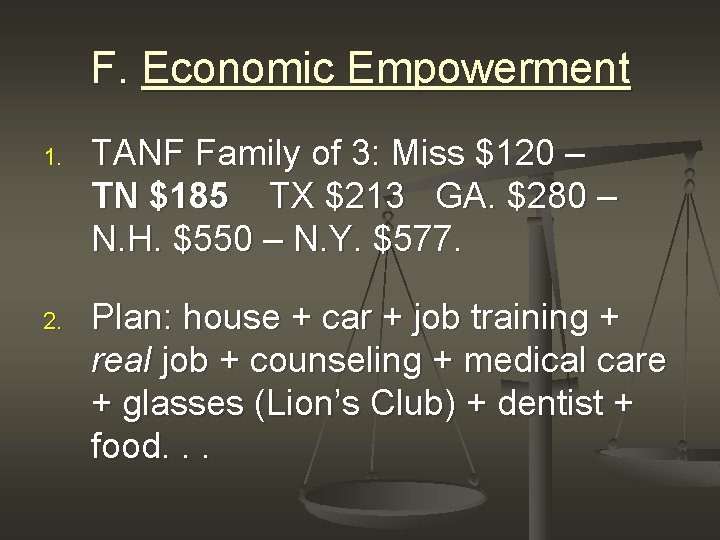 F. Economic Empowerment 1. TANF Family of 3: Miss $120 – TN $185 TX