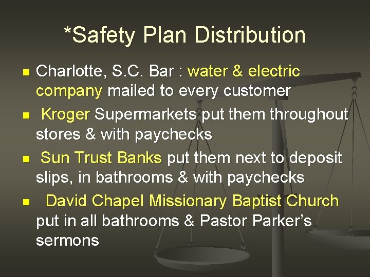 *Safety Plan Distribution n n Charlotte, S. C. Bar : water & electric company