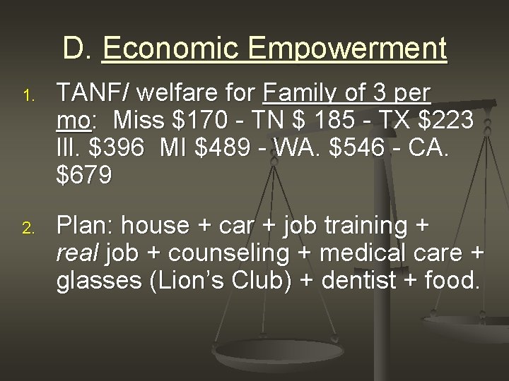 D. Economic Empowerment 1. TANF/ welfare for Family of 3 per mo: Miss $170