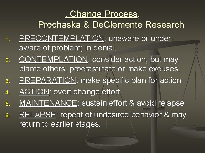 . Change Process, Prochaska & De. Clemente Research 1. 2. 3. 4. 5. 6.