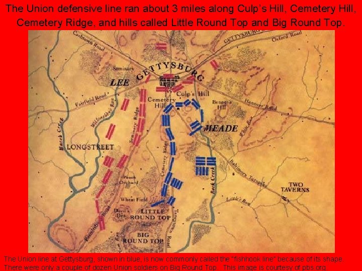 The Union defensive line ran about 3 miles along Culp’s Hill, Cemetery Ridge, and