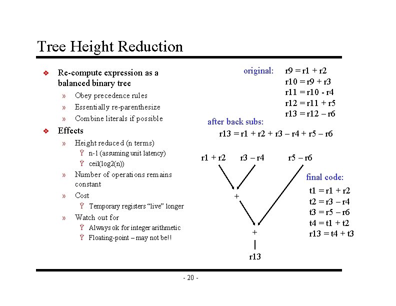 Tree Height Reduction v » » » v original: Re-compute expression as a balanced Tree Height Reduction v » » » v original: Re-compute expression as a balanced