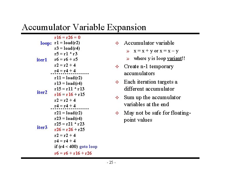 Accumulator Variable Expansion r 16 = r 26 = 0 loop: r 1 = Accumulator Variable Expansion r 16 = r 26 = 0 loop: r 1 =