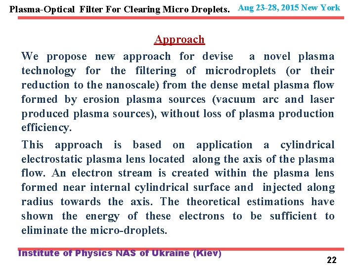 Plasma-Optical Filter For Clearing Micro Droplets. Aug 23 -28, 2015 New York Approach We