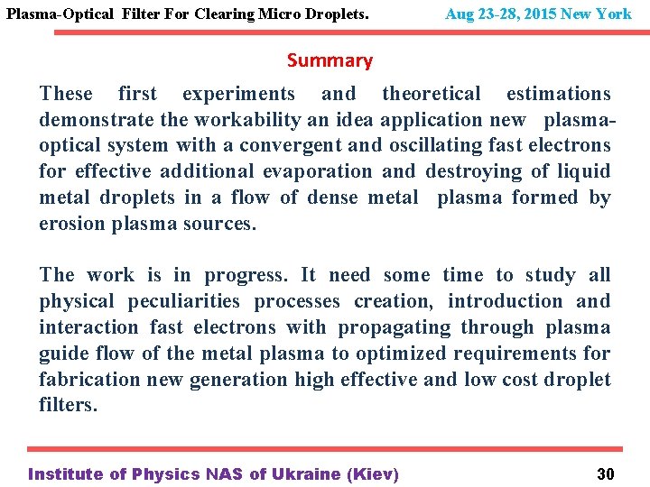 Plasma-Optical Filter For Clearing Micro Droplets. Aug 23 -28, 2015 New York Summary These