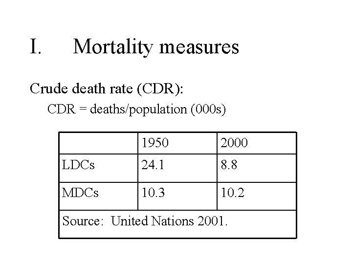 I. Mortality measures Crude death rate (CDR): CDR = deaths/population (000 s) 1950 2000