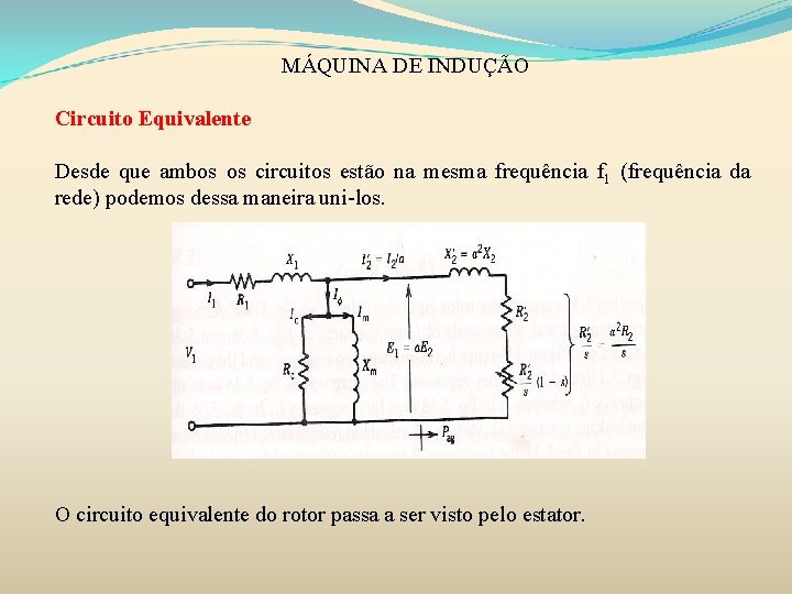 MÁQUINA DE INDUÇÃO Circuito Equivalente Desde que ambos os circuitos estão na mesma frequência