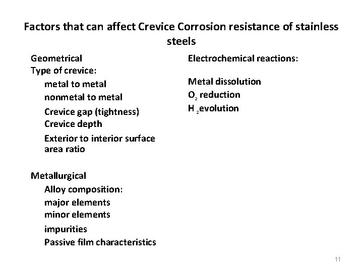 Factors that can affect Crevice Corrosion resistance of stainless steels Geometrical Type of crevice: