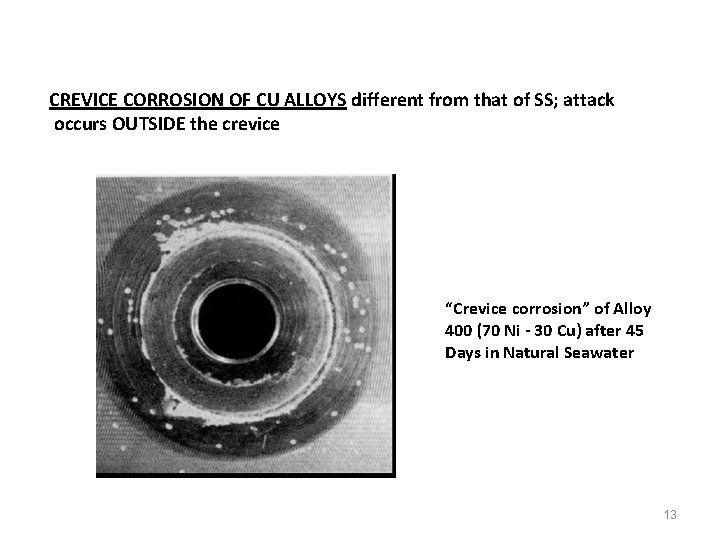 CREVICE CORROSION OF CU ALLOYS different from that of SS; attack occurs OUTSIDE the