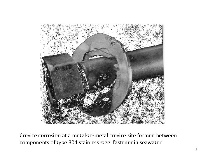 Crevice corrosion at a metal-to-metal crevice site formed between components of type 304 stainless