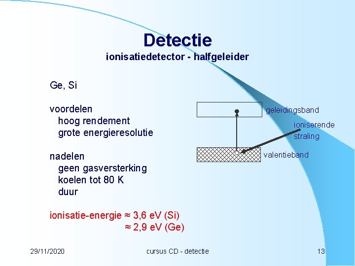 Detectie ionisatiedetector - halfgeleider Ge, Si voordelen hoog rendement grote energieresolutie geleidingsband nadelen geen