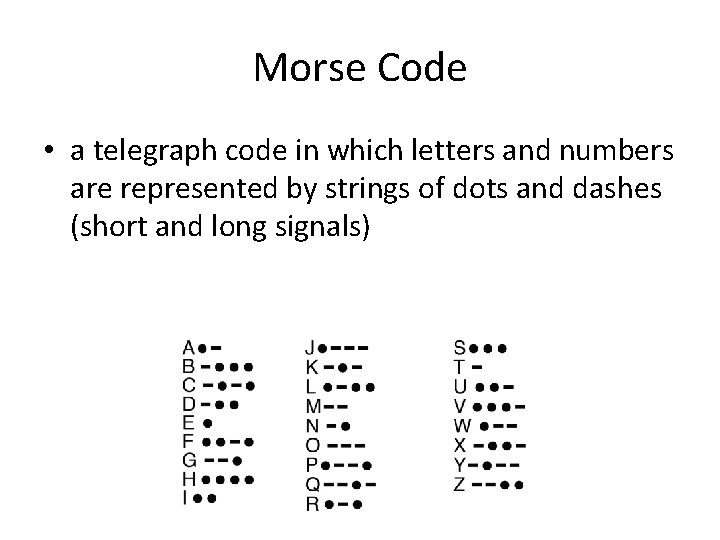 Morse Code • a telegraph code in which letters and numbers are represented by Morse Code • a telegraph code in which letters and numbers are represented by