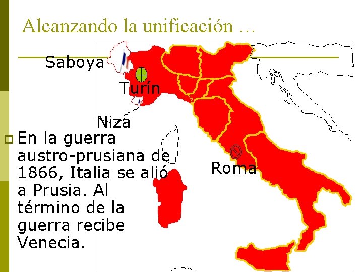 Alcanzando la unificación … Saboya Turín Niza p En la guerra austro-prusiana de 1866,