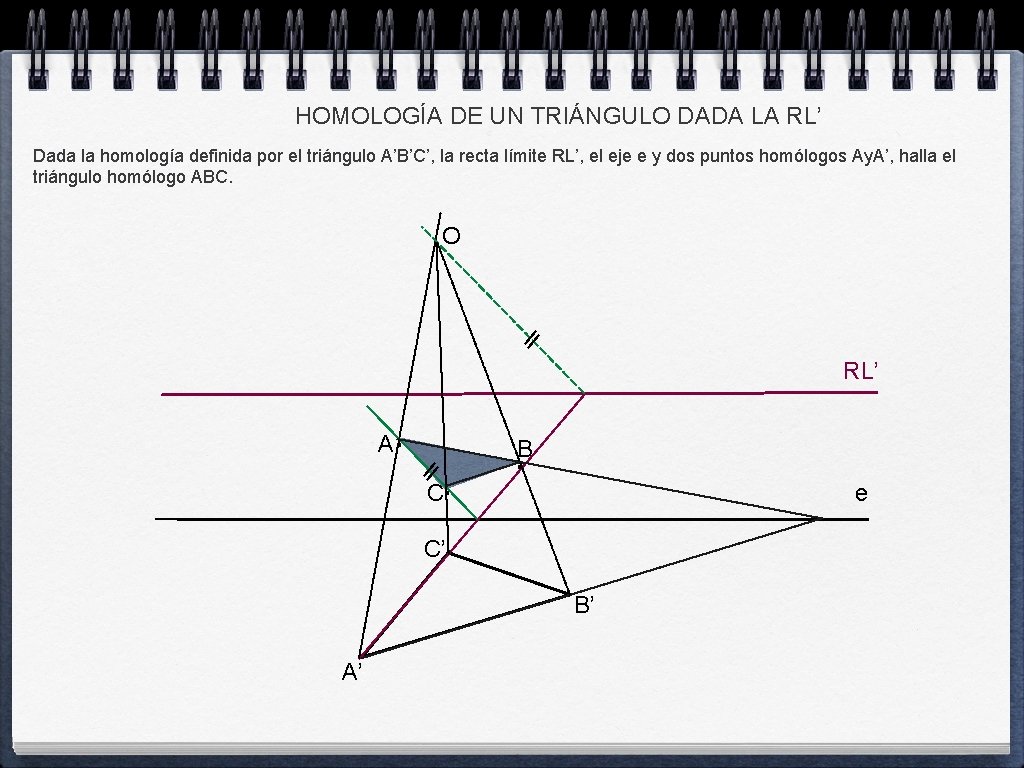 HOMOLOGÍA DE UN TRIÁNGULO DADA LA RL’ Dada la homología definida por el triángulo