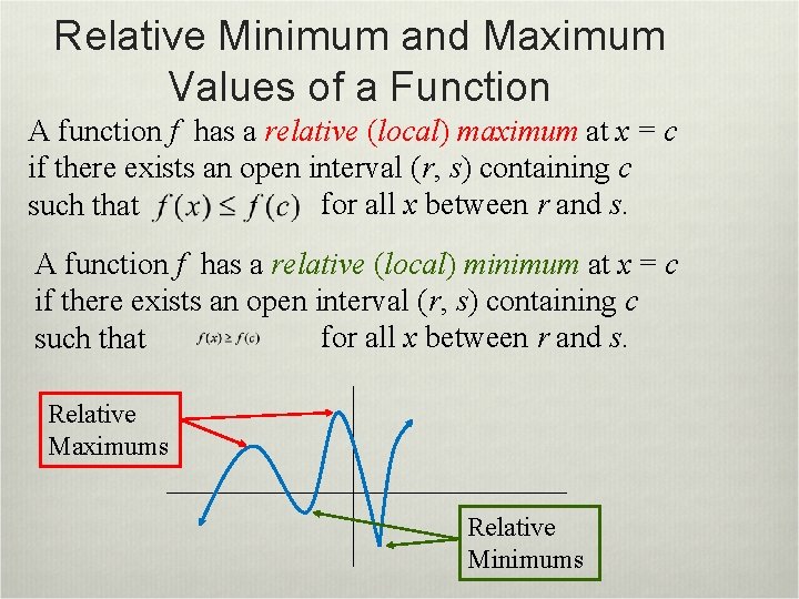 Relative Minimum and Maximum Values of a Function A function f has a relative