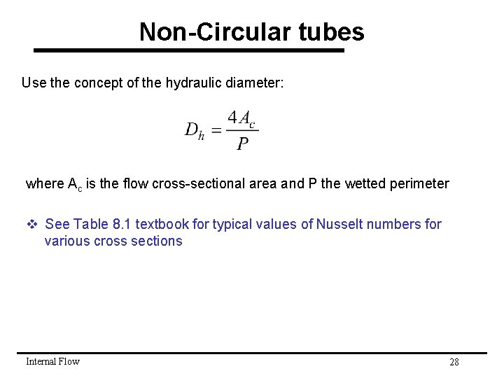 Non-Circular tubes Use the concept of the hydraulic diameter: where Ac is the flow