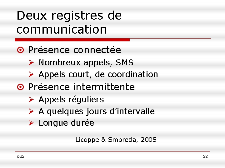 Deux registres de communication Présence connectée Nombreux appels, SMS Appels court, de coordination Présence