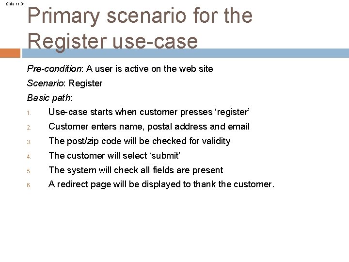 Slide 11. 31 Primary scenario for the Register use-case Pre-condition: A user is active