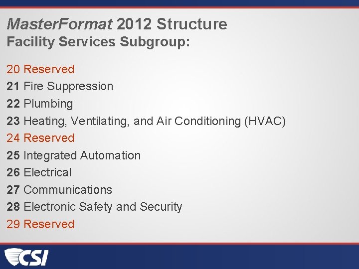 Master. Format 2012 Structure Facility Services Subgroup: 20 Reserved 21 Fire Suppression 22 Plumbing