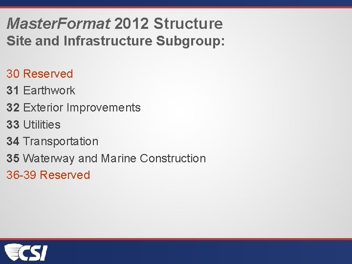 Master. Format 2012 Structure Site and Infrastructure Subgroup: 30 Reserved 31 Earthwork 32 Exterior