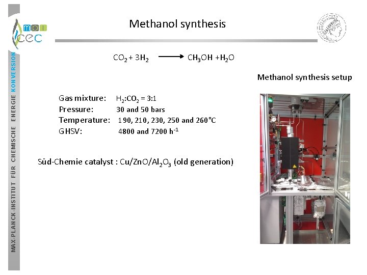 MAX-PLANCK-INSTITUT FÜR CHEMISCHE ENERGIE KONVERSION Methanol synthesis CO 2 + 3 H 2 CH MAX-PLANCK-INSTITUT FÜR CHEMISCHE ENERGIE KONVERSION Methanol synthesis CO 2 + 3 H 2 CH
