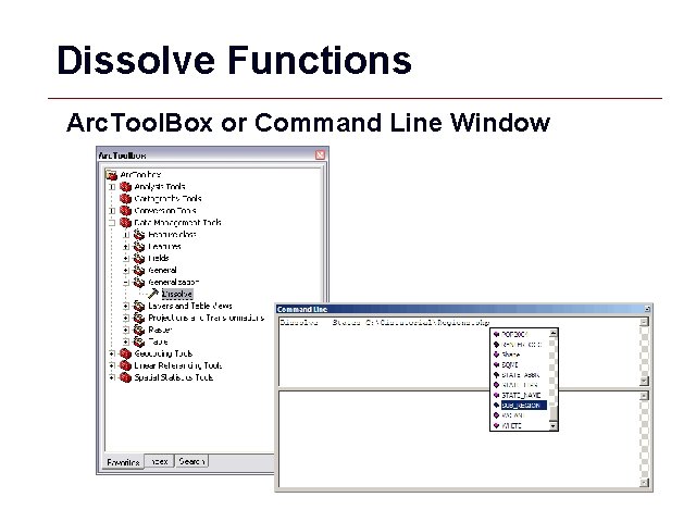 Dissolve Functions Arc. Tool. Box or Command Line Window GIS 30 