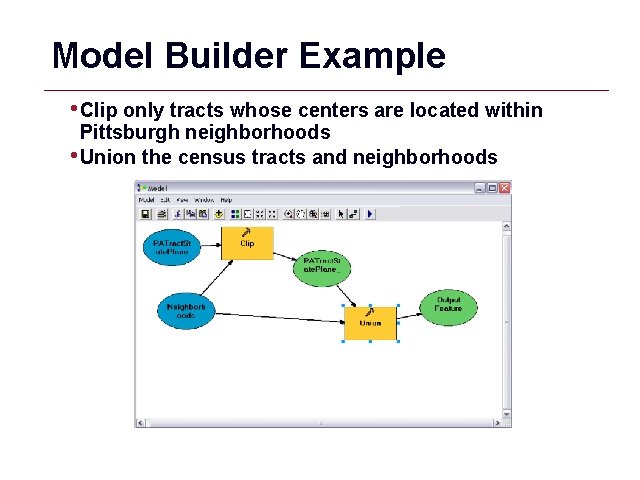 Model Builder Example • Clip only tracts whose centers are located within Pittsburgh neighborhoods