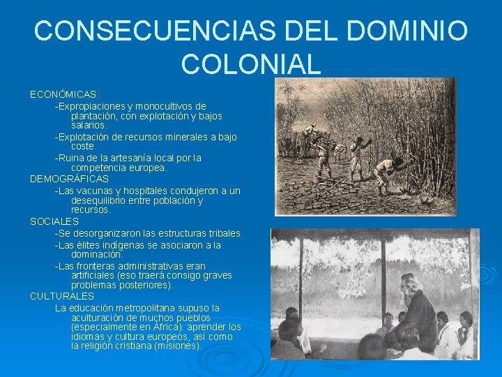 CONSECUENCIAS DEL DOMINIO COLONIAL ECONÓMICAS: -Expropiaciones y monocultivos de plantación, con explotación y bajos CONSECUENCIAS DEL DOMINIO COLONIAL ECONÓMICAS: -Expropiaciones y monocultivos de plantación, con explotación y bajos