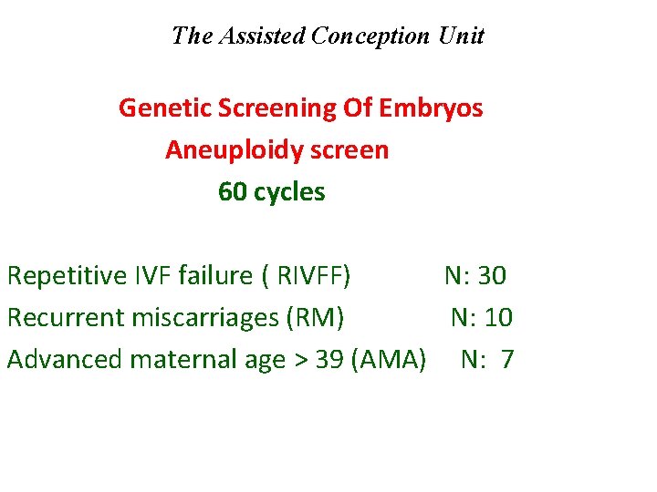 The Assisted Conception Unit Genetic Screening Of Embryos Aneuploidy screen 60 cycles Repetitive IVF