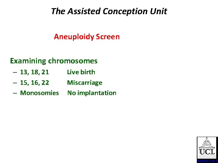 The Assisted Conception Unit Aneuploidy Screen Examining chromosomes – 13, 18, 21 Live birth