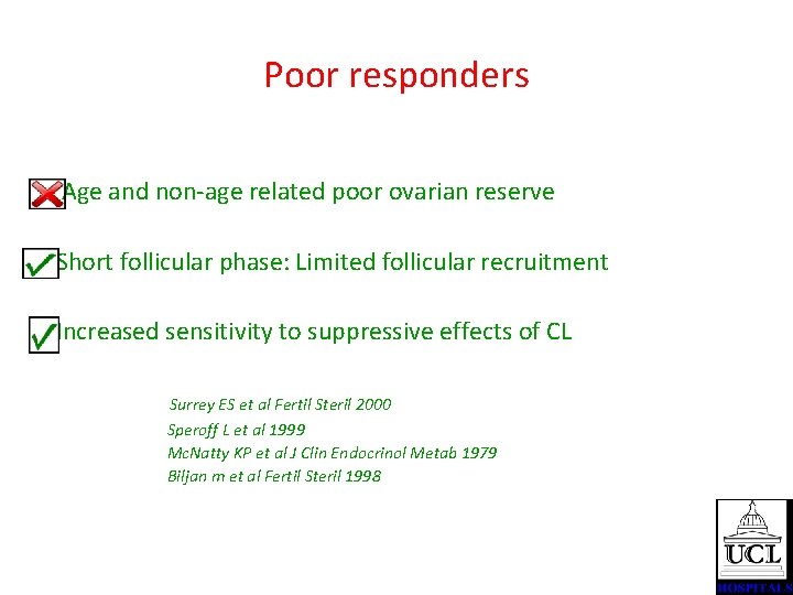 Poor responders Age and non-age related poor ovarian reserve Short follicular phase: Limited follicular