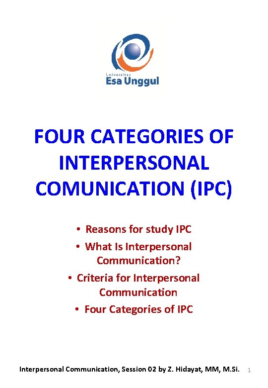 FOUR CATEGORIES OF INTERPERSONAL COMUNICATION (IPC) • Reasons for study IPC • What Is