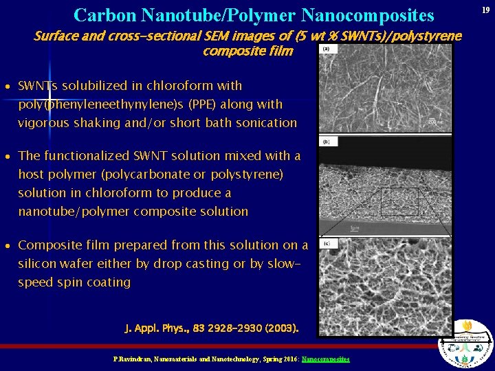 Carbon Nanotube/Polymer Nanocomposites Surface and cross-sectional SEM images of (5 wt % SWNTs)/polystyrene composite