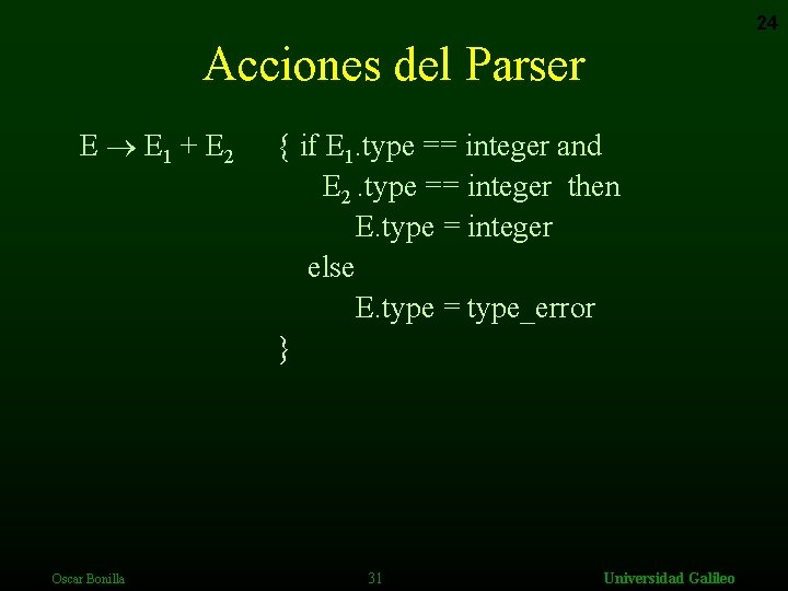 24 Acciones del Parser E E 1 + E 2 Oscar Bonilla { if