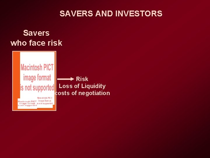 SAVERS AND INVESTORS Savers who face risk Risk Loss of Liquidity costs of negotiation
