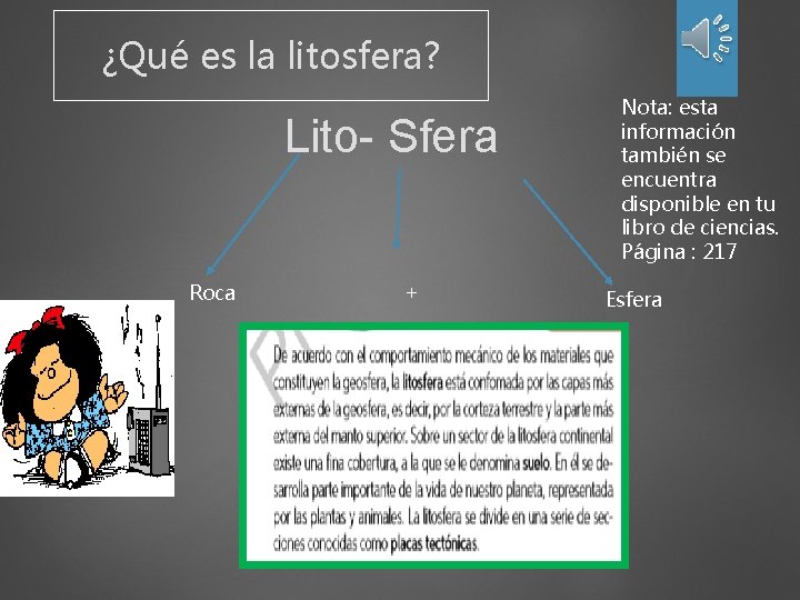 ¿Qué es la litosfera? Lito- Sfera Roca + Nota: esta información también se encuentra