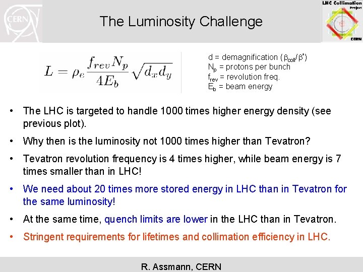 The Luminosity Challenge d = demagnification (bcoll/b*) Np = protons per bunch frev =