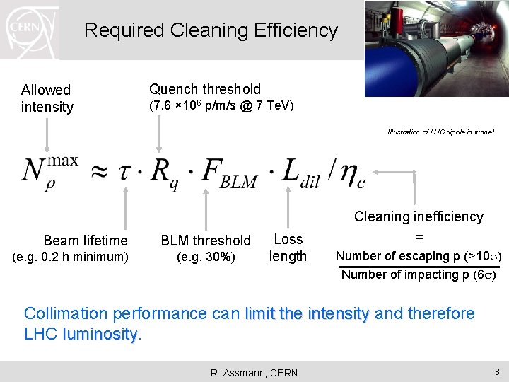 Required Cleaning Efficiency Allowed intensity Quench threshold (7. 6 × 106 p/m/s @ 7