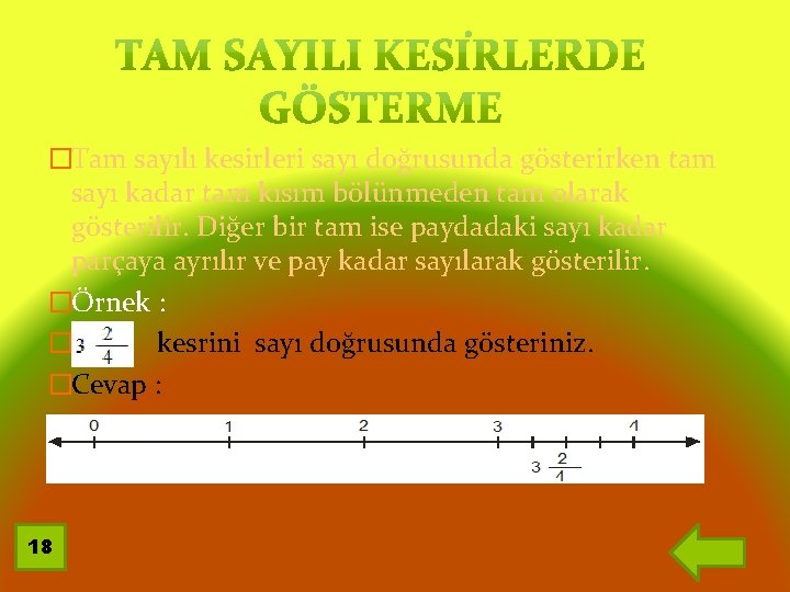 �Tam sayılı kesirleri sayı doğrusunda gösterirken tam sayı kadar tam kısım bölünmeden tam olarak