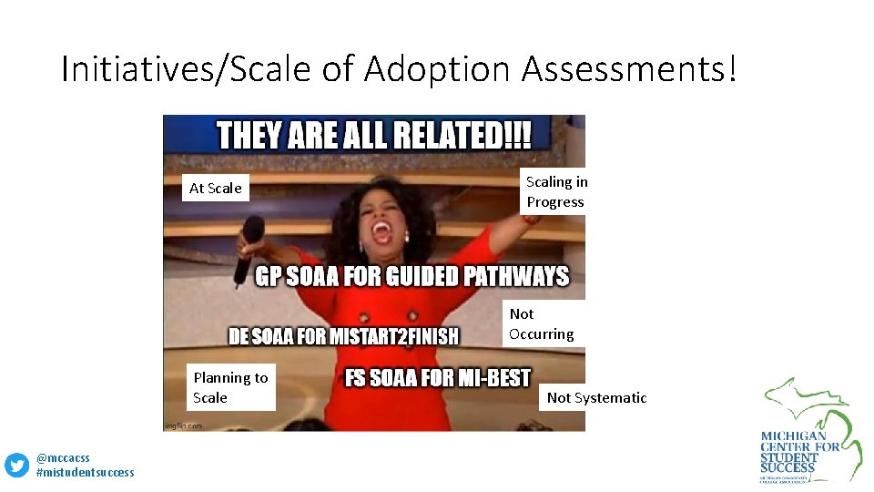 Initiatives/Scale of Adoption Assessments! At Scale Scaling in Progress Not Occurring Planning to Scale