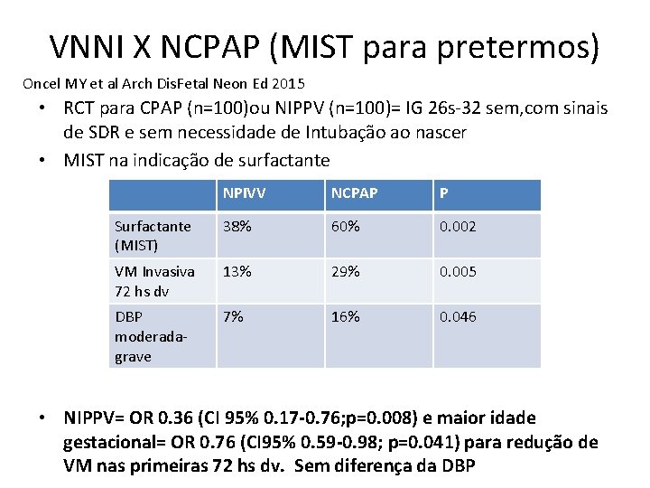 VNNI X NCPAP (MIST para pretermos) Oncel MY et al Arch Dis. Fetal Neon