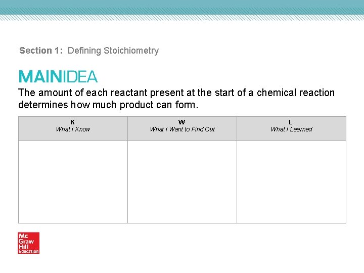 Section 1: Defining Stoichiometry The amount of each reactant present at the start of