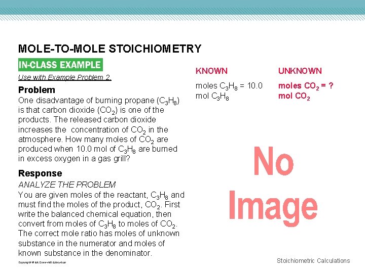 MOLE-TO-MOLE STOICHIOMETRY Use with Example Problem 2. Problem One disadvantage of burning propane (C