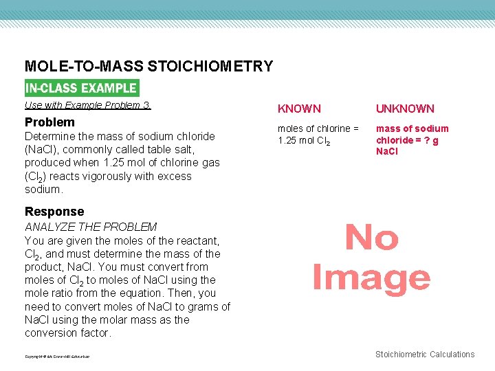 MOLE-TO-MASS STOICHIOMETRY Use with Example Problem 3. Problem Determine the mass of sodium chloride