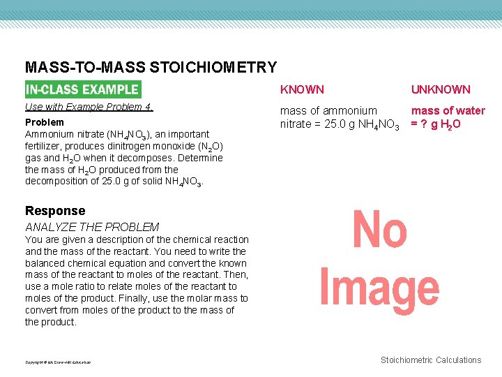 MASS-TO-MASS STOICHIOMETRY Use with Example Problem 4. Problem Ammonium nitrate (NH 4 NO 3),