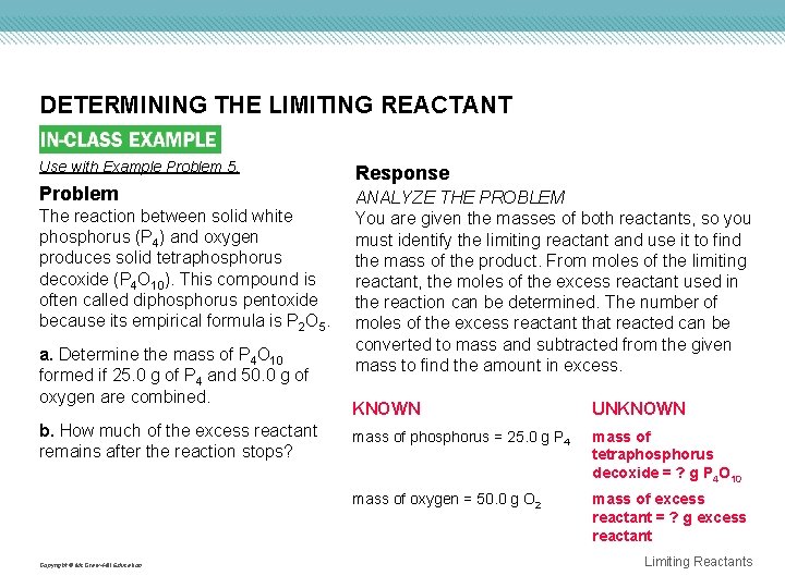 DETERMINING THE LIMITING REACTANT Use with Example Problem 5. Problem The reaction between solid