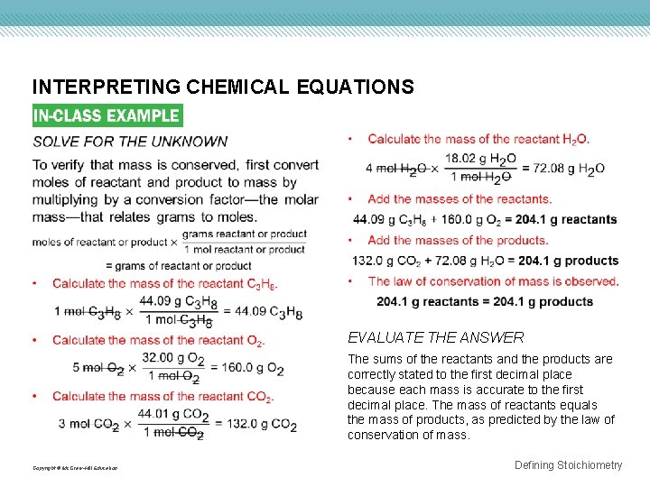 INTERPRETING CHEMICAL EQUATIONS EVALUATE THE ANSWER The sums of the reactants and the products