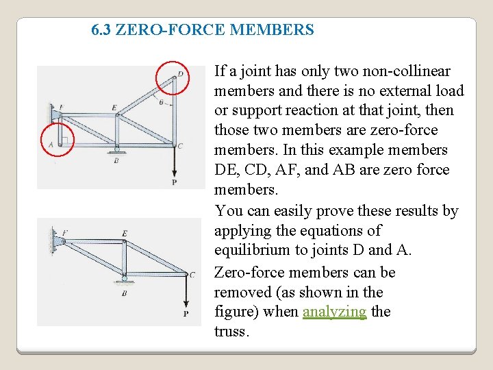 6. 3 ZERO-FORCE MEMBERS If a joint has only two non-collinear members and there