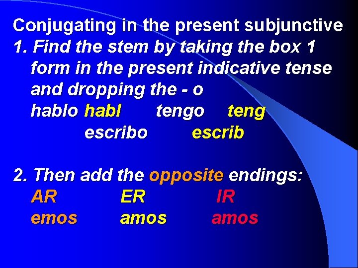 Conjugating in the present subjunctive 1. Find the stem by taking the box 1