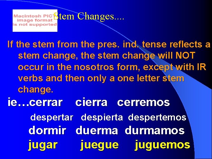 Stem Changes. . If the stem from the pres. ind. tense reflects a stem